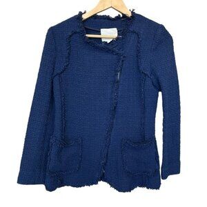 Rebecca Taylor Tweed Fringe Navy Blazer Jacket Women Size 4